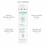 Phytomer Cyfolia Organic Radiance Toning Cleansing Lotion 250ml with four benefit callouts: Removes Makeup and Tones, Cyfolia Algae Radiance Boost, Organic Certified Formula, Refreshes and Balances Skin