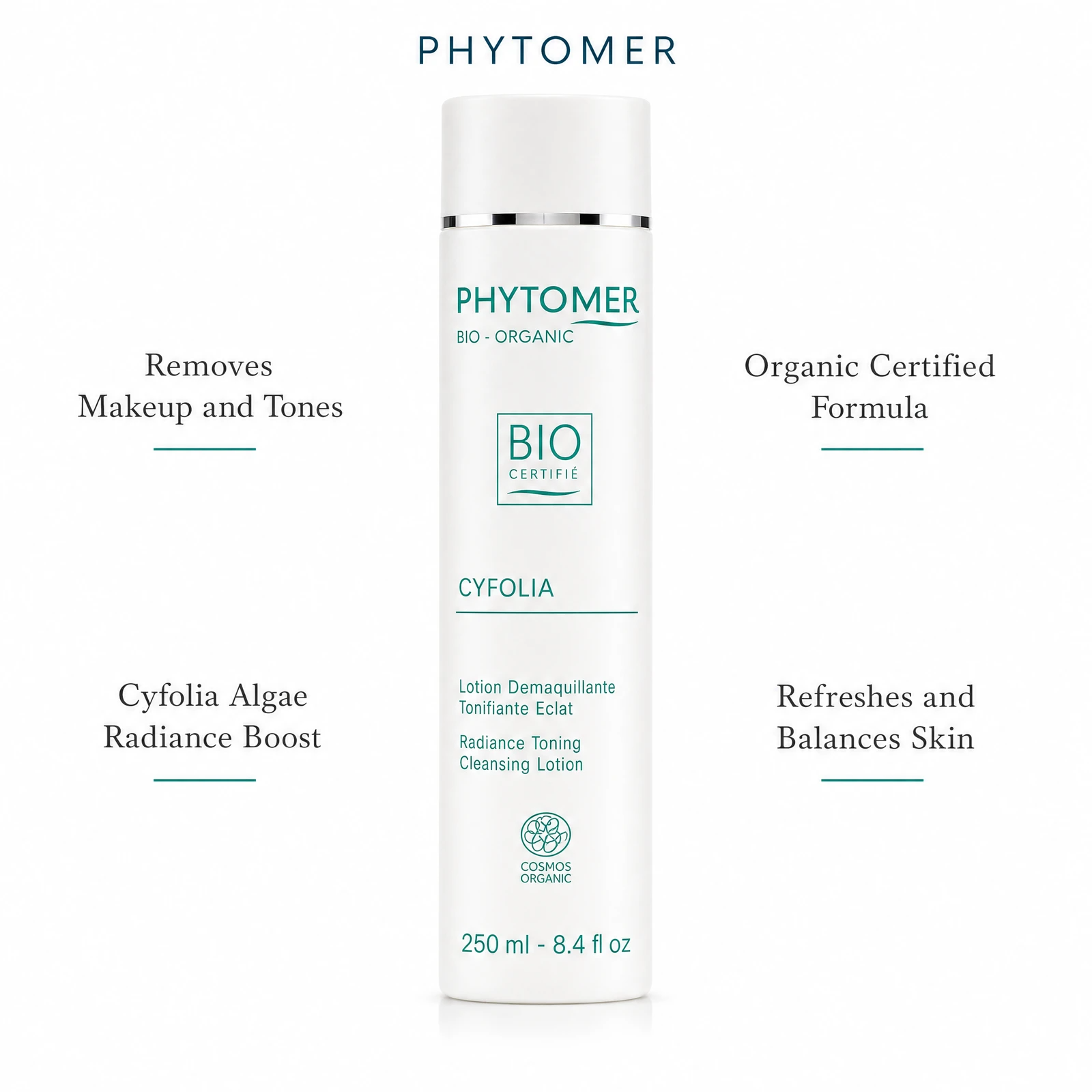 Phytomer Cyfolia Organic Radiance Toning Cleansing Lotion 250ml with four benefit callouts: Removes Makeup and Tones, Cyfolia Algae Radiance Boost, Organic Certified Formula, Refreshes and Balances Skin