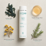 Phytomer Cyfolia Organic Radiance Toning Cleansing Lotion 250ml flatlay on limestone surface with Cyfolia Algae, Organic Orange Water, Helichrysum Extract, and Rosemary Extract