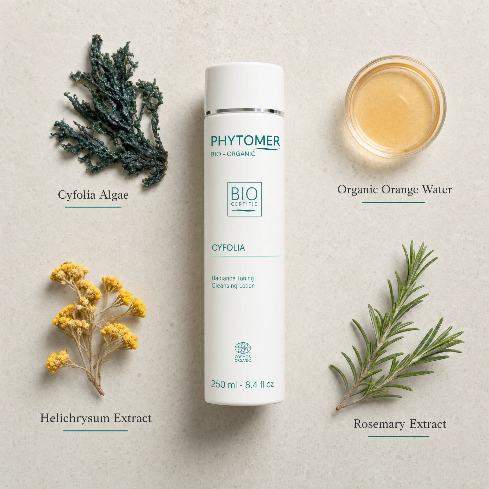 Phytomer Cyfolia Organic Radiance Toning Cleansing Lotion 250ml flatlay on limestone surface with Cyfolia Algae, Organic Orange Water, Helichrysum Extract, and Rosemary Extract