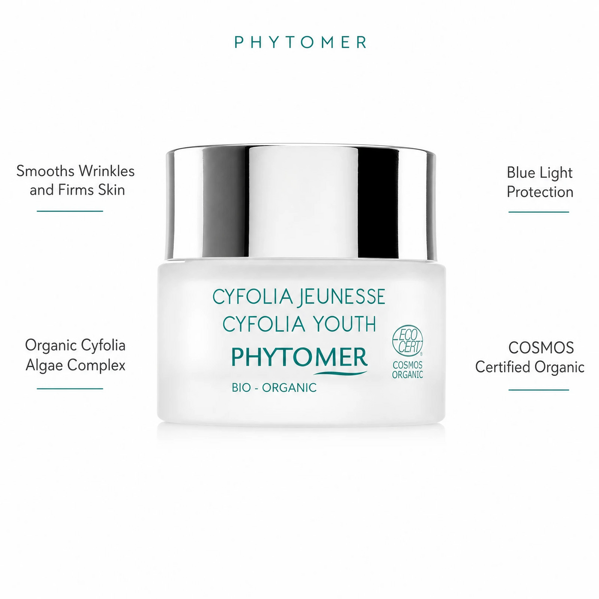 Phytomer Cyfolia Organic Youth Glow Renewing Wrinkle Cream 50ml with four benefit callouts: Smooths Wrinkles and Firms Skin, Organic Cyfolia Algae Complex, Blue Light Protection, COSMOS Certified Organic