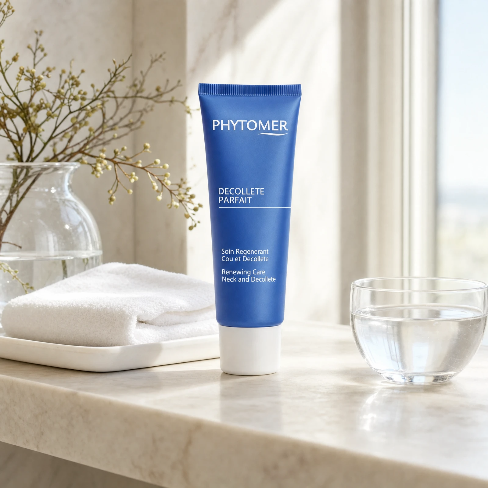 Phytomer Decollete Parfait Neck and Decollete Renewing Care 50ml on a marble bathroom vanity with botanical in glass vessel, white towels and glass dish, premium at-home skincare setting