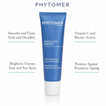 Phytomer Decollete Parfait Neck and Decollete Renewing Care 50ml on a marble bathroom vanity with botanical in glass vessel, white towels and glass dish, premium at-home skincare setting