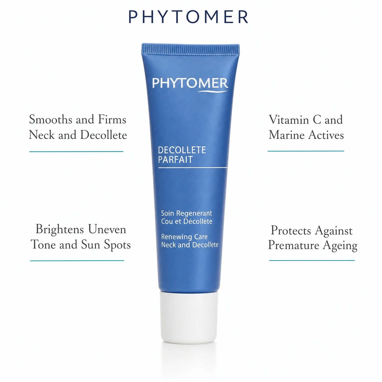 Phytomer Decollete Parfait Neck and Decollete Renewing Care 50ml on a marble bathroom vanity with botanical in glass vessel, white towels and glass dish, premium at-home skincare setting