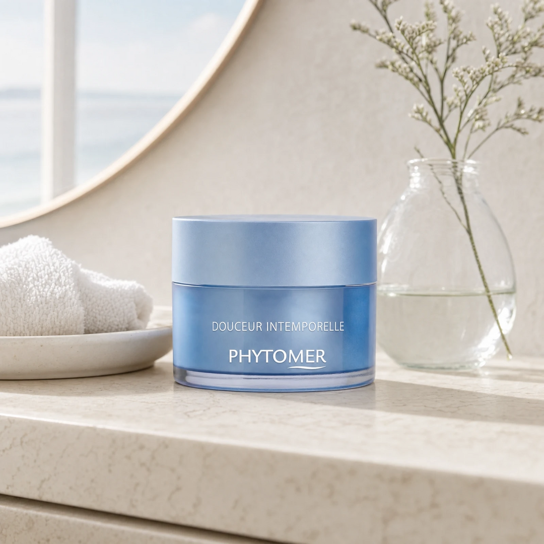 Phytomer Douceur Intemporelle Restorative Shield Cream 50ml on a marble bathroom counter with botanical in glass vase, white ceramic tray, white towels and sea view through round mirror, premium at-home skincare setting