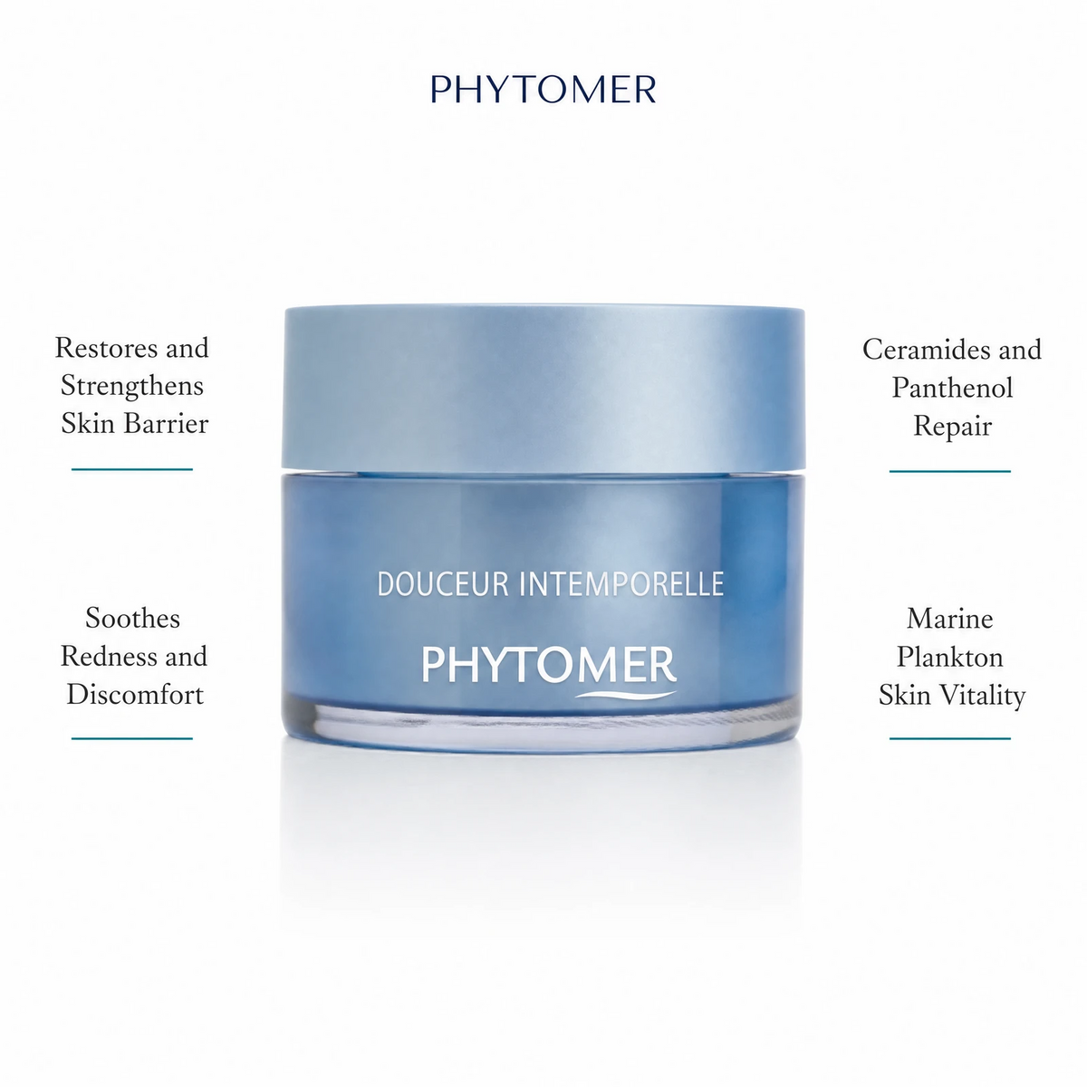 Phytomer Douceur Intemporelle Restorative Shield Cream 50ml with four benefit callouts: Restores and Strengthens Skin Barrier, Soothes Redness and Discomfort, Ceramides and Panthenol Repair, Marine Plankton Skin Vitality