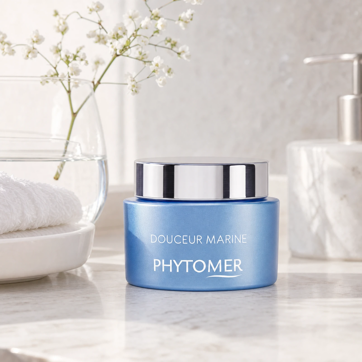 Phytomer Douceur Marine Soothing Moisturising Cream 50ml on a marble bathroom vanity with white botanicals, glass vessel, white towels and ceramic dish, premium at-home skincare setting