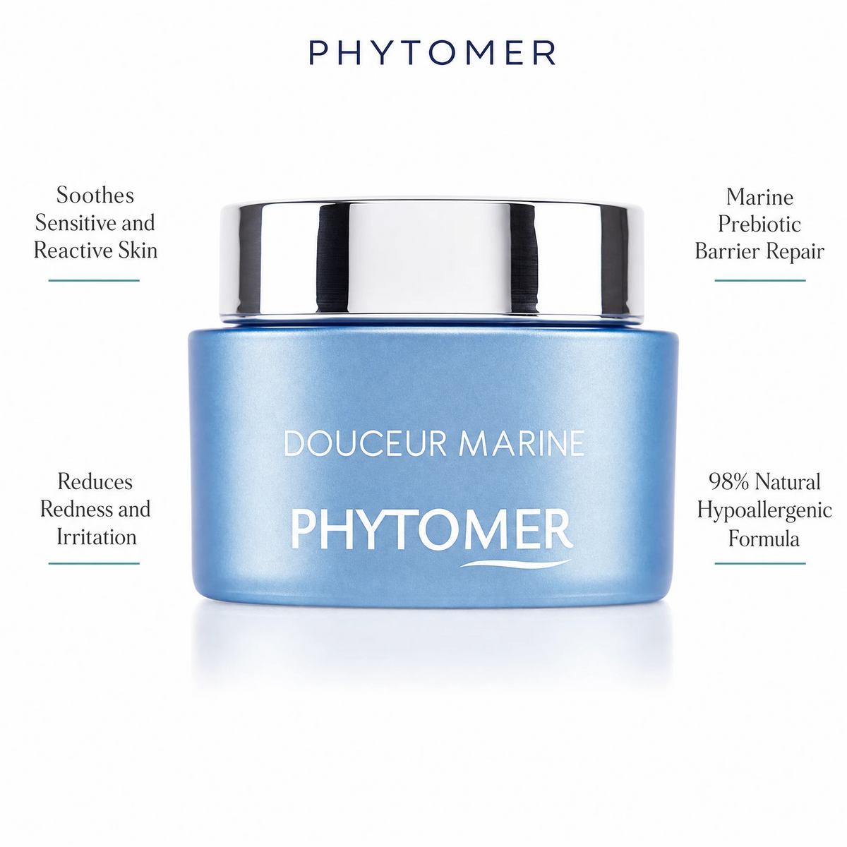 Phytomer Douceur Marine Soothing Moisturising Cream 50ml with four benefit callouts: Soothes Sensitive and Reactive Skin, Reduces Redness and Irritation, Marine Prebiotic Barrier Repair, 98% Natural Hypoallergenic Formula