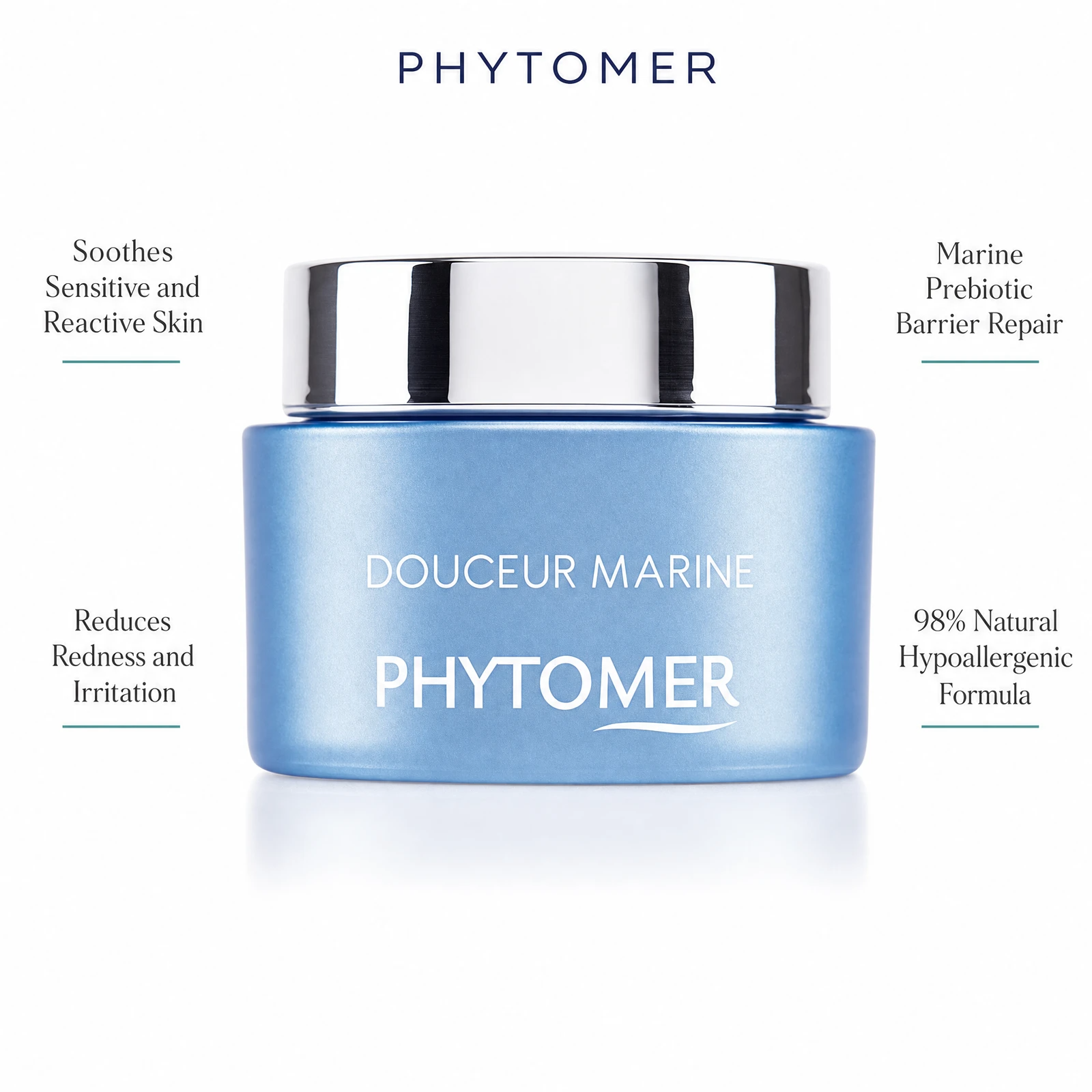 Phytomer Douceur Marine Soothing Moisturising Cream 50ml with four benefit callouts: Soothes Sensitive and Reactive Skin, Reduces Redness and Irritation, Marine Prebiotic Barrier Repair, 98% Natural Hypoallergenic Formula