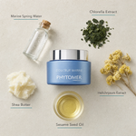 Phytomer Douceur Marine Soothing Moisturising Cream 50ml flatlay on limestone surface with Marine Spring Water, Chlorella Extract, Helichrysum Extract, Shea Butter, and Sesame Seed Oil