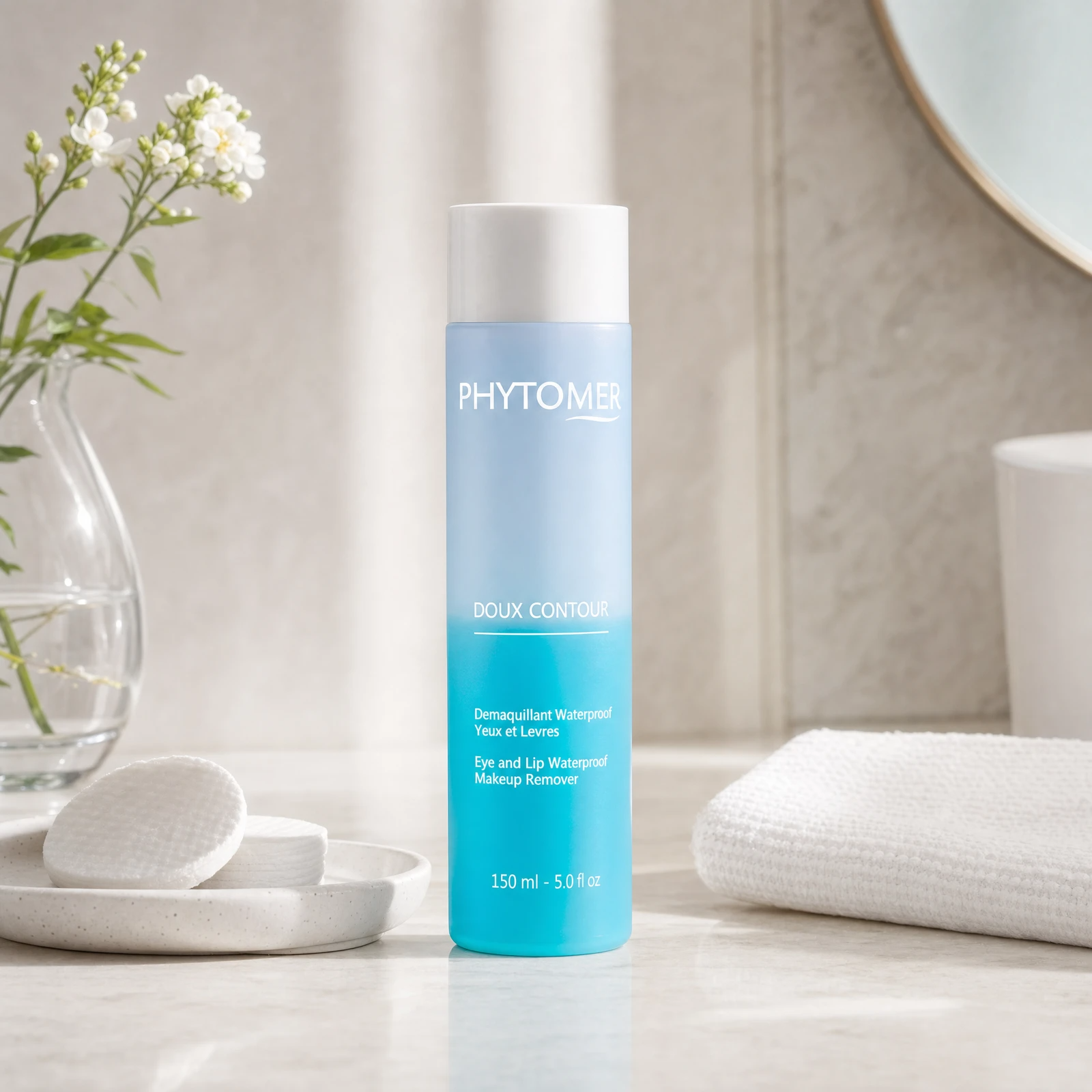 Phytomer Doux Contour Eye and Lip Waterproof Makeup Remover 150ml on a marble bathroom vanity with botanical in glass vessel, cotton pads, white towels and round mirror, premium at-home skincare setting