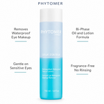 Phytomer Doux Contour Eye and Lip Waterproof Makeup Remover 150ml with four benefit callouts: Removes Waterproof Eye Makeup, Gentle on Sensitive Eyes, Bi-Phase Oil and Lotion Formula, Fragrance-Free No Rinsing