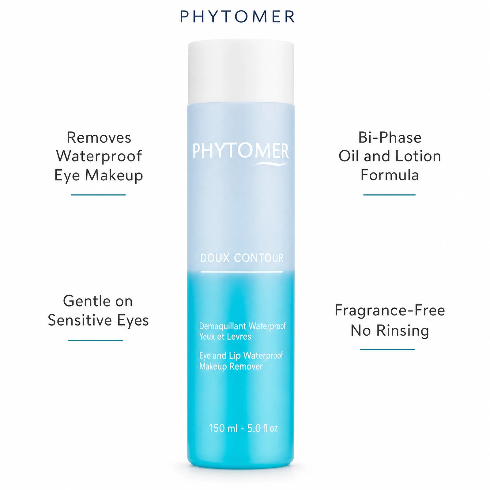 Phytomer Doux Contour Eye and Lip Waterproof Makeup Remover 150ml with four benefit callouts: Removes Waterproof Eye Makeup, Gentle on Sensitive Eyes, Bi-Phase Oil and Lotion Formula, Fragrance-Free No Rinsing
