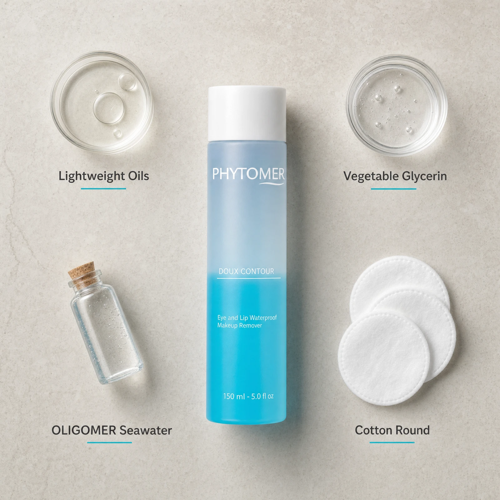 Phytomer Doux Contour Eye and Lip Waterproof Makeup Remover 150ml flatlay on limestone surface with Lightweight Oils, Vegetable Glycerin, OLIGOMER Seawater, and Cotton Round