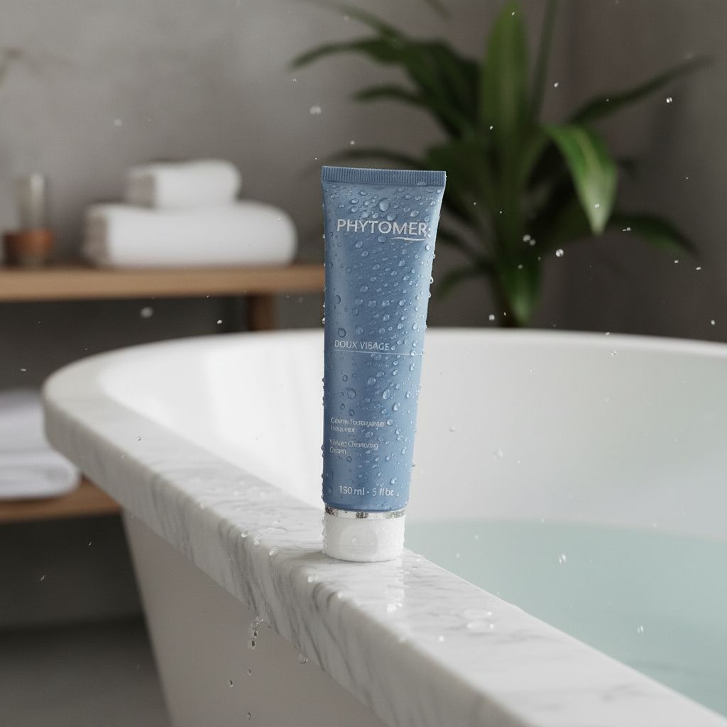 Phytomer Doux Visage Velvet Cleansing Cream 150ml on the edge of a bathtub with droplets in a bathroom setting.
