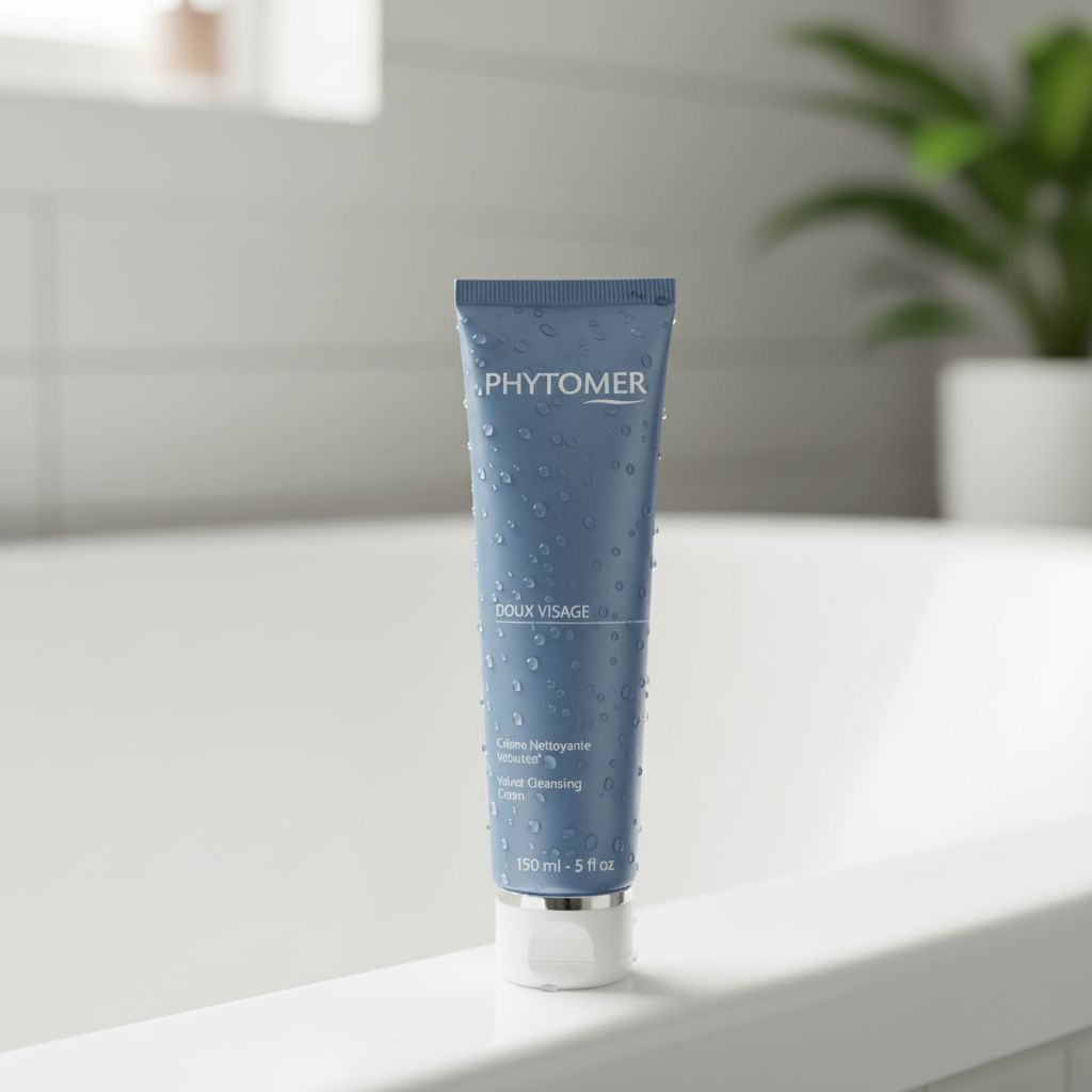 Phytomer Doux Visage Velvet Cleansing Cream 150ml on the edge of a bathtub with droplets in a bathroom setting.