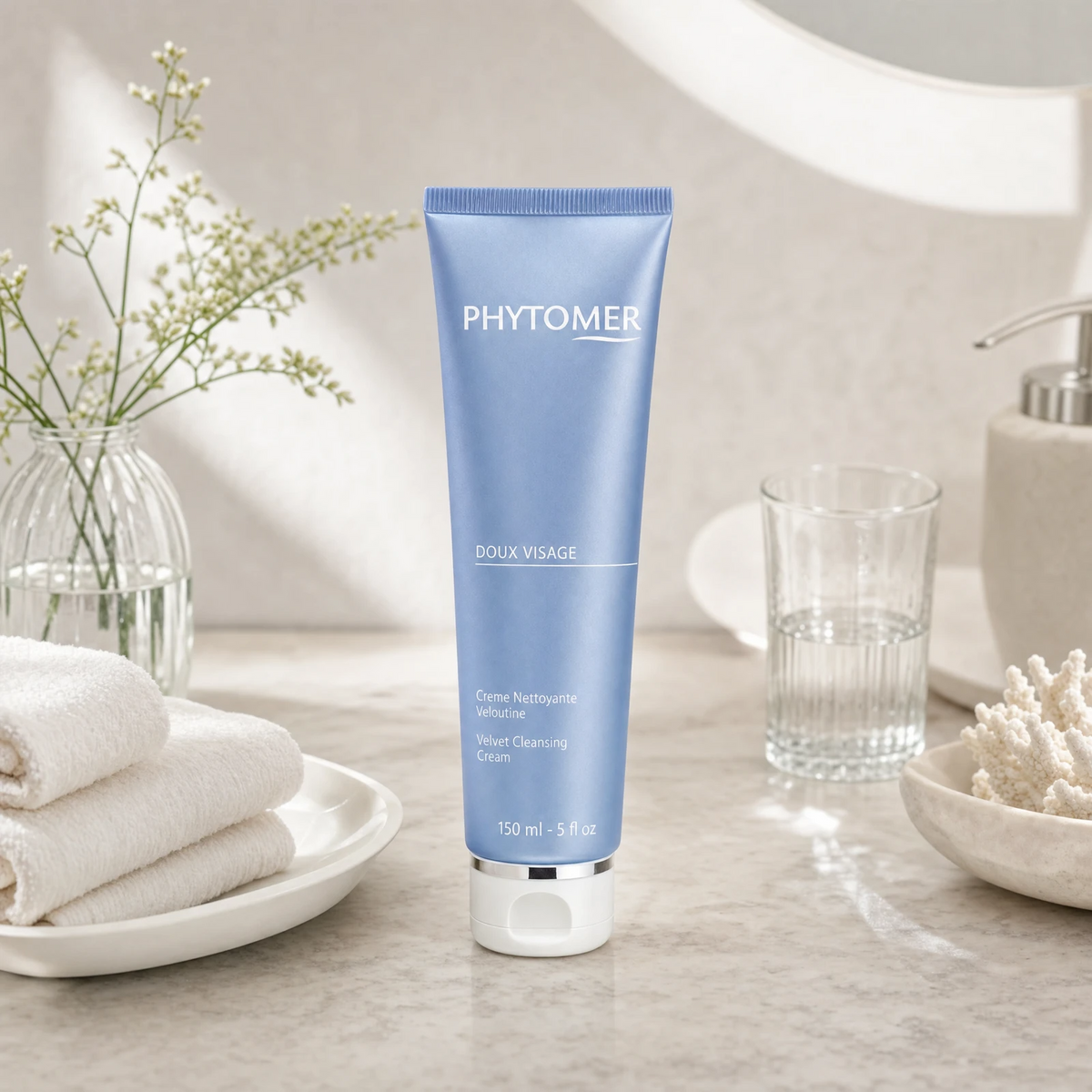 Phytomer Doux Visage Velvet Cleansing Cream 150ml on a marble bathroom vanity with botanical in glass vessel, white towels, coral dish and glass of water, premium at-home skincare setting