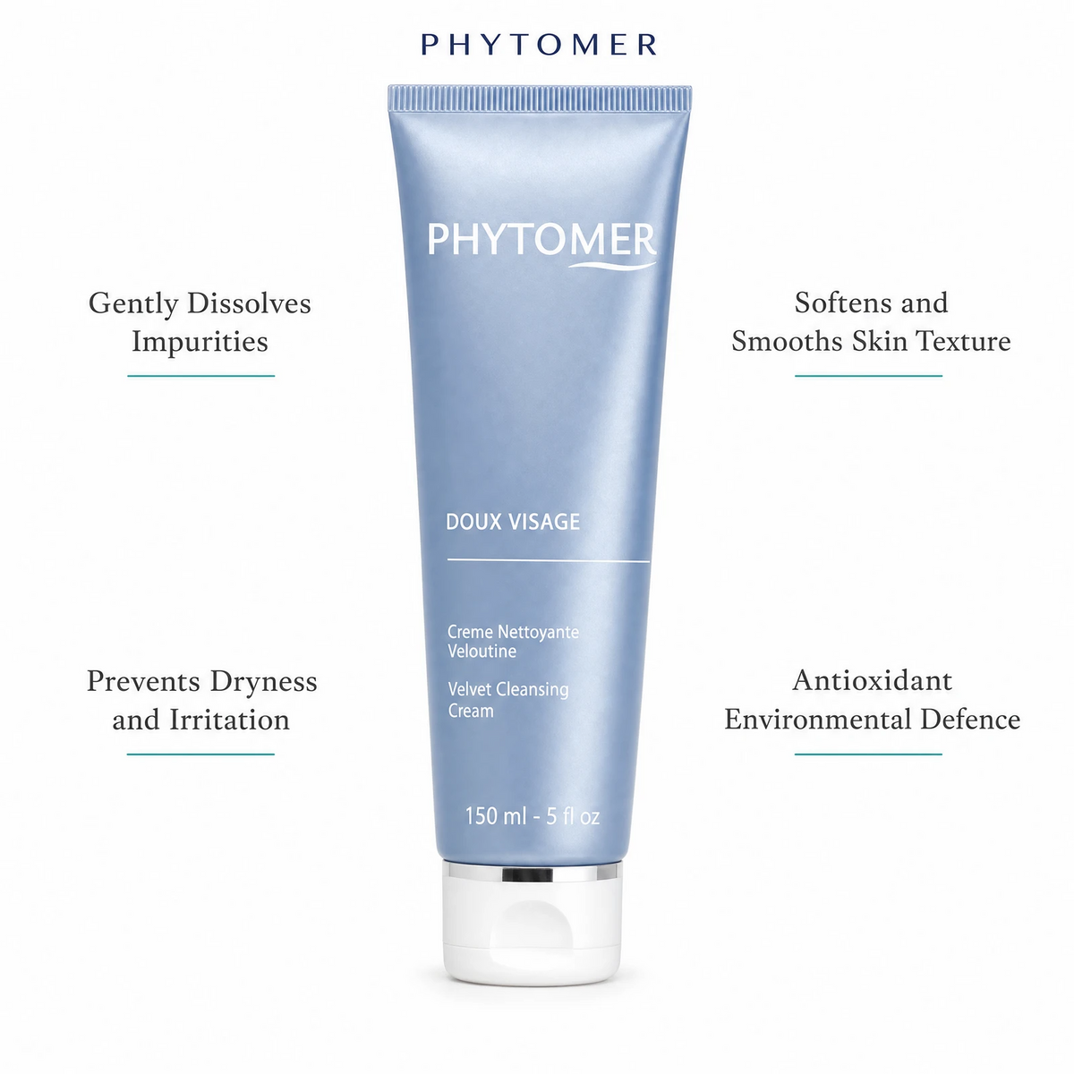 Phytomer Doux Visage Velvet Cleansing Cream 150ml with four benefit callouts: Gently Dissolves Impurities, Prevents Dryness and Irritation, Softens and Smooths Skin Texture, Antioxidant Environmental Defence