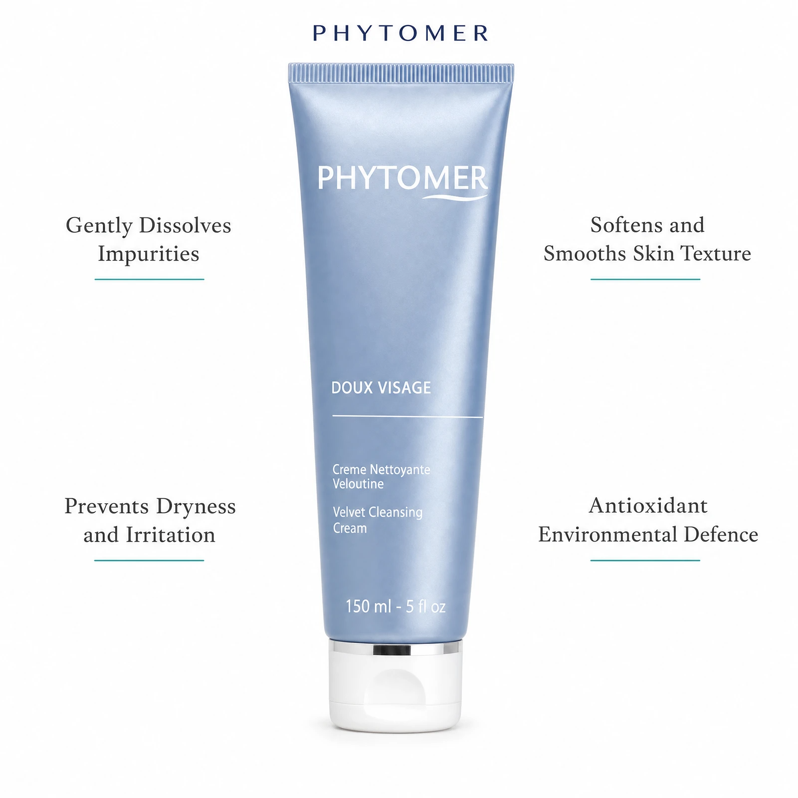 Phytomer Doux Visage Velvet Cleansing Cream 150ml with four benefit callouts: Gently Dissolves Impurities, Prevents Dryness and Irritation, Softens and Smooths Skin Texture, Antioxidant Environmental Defence