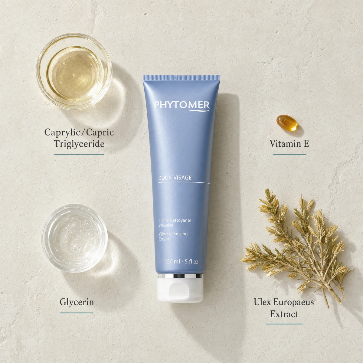 Phytomer Doux Visage Velvet Cleansing Cream 150ml with four benefit callouts: Gently Dissolves Impurities, Prevents Dryness and Irritation, Softens and Smooths Skin Texture, Antioxidant Environmental Defence