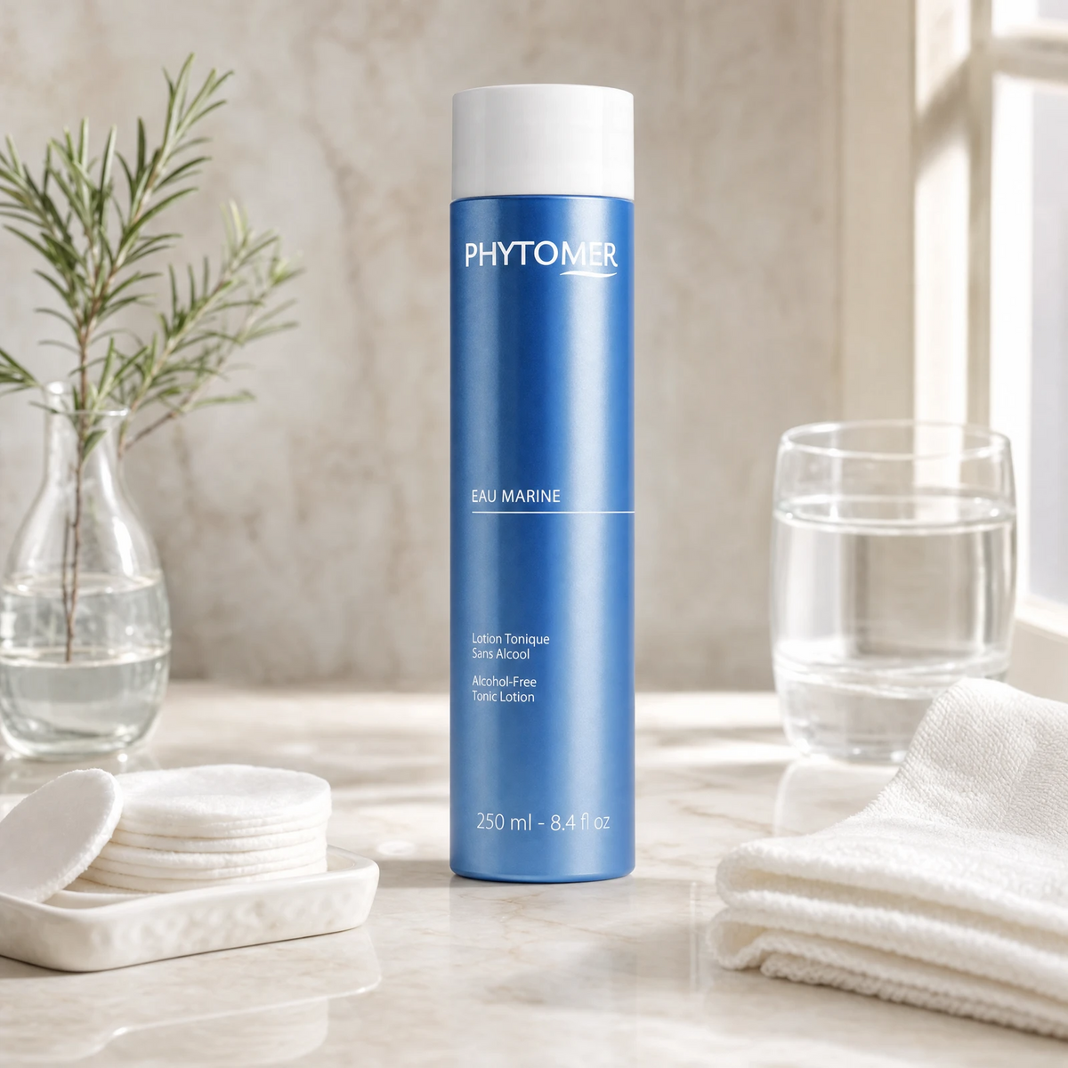 Phytomer Eau Marine Alcohol-Free Tonic Lotion 250ml on a marble bathroom vanity with rosemary in glass vessel, cotton pads, glass of water and white towels, premium at-home skincare setting