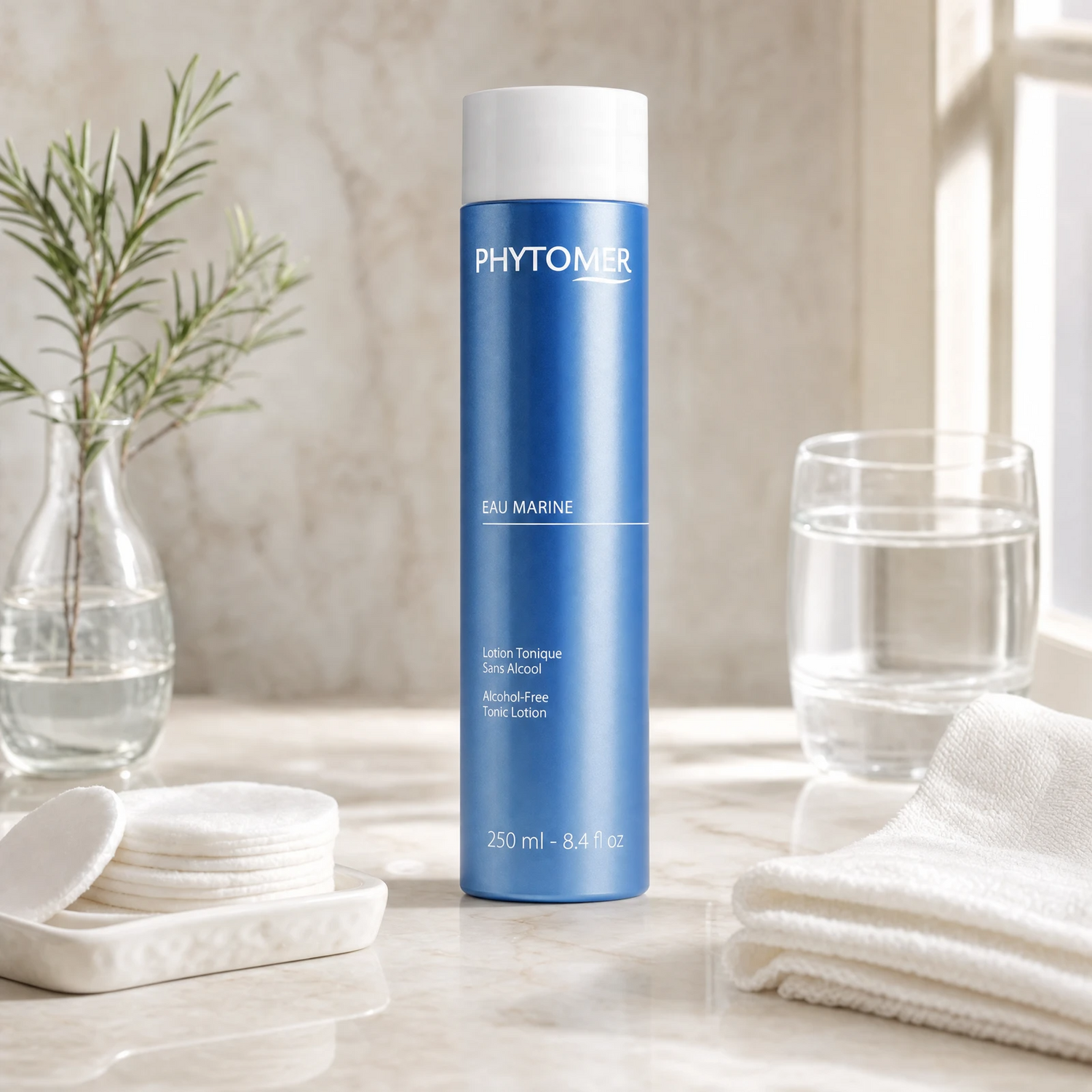 Phytomer Eau Marine Alcohol-Free Tonic Lotion 250ml on a marble bathroom vanity with rosemary in glass vessel, cotton pads, glass of water and white towels, premium at-home skincare setting