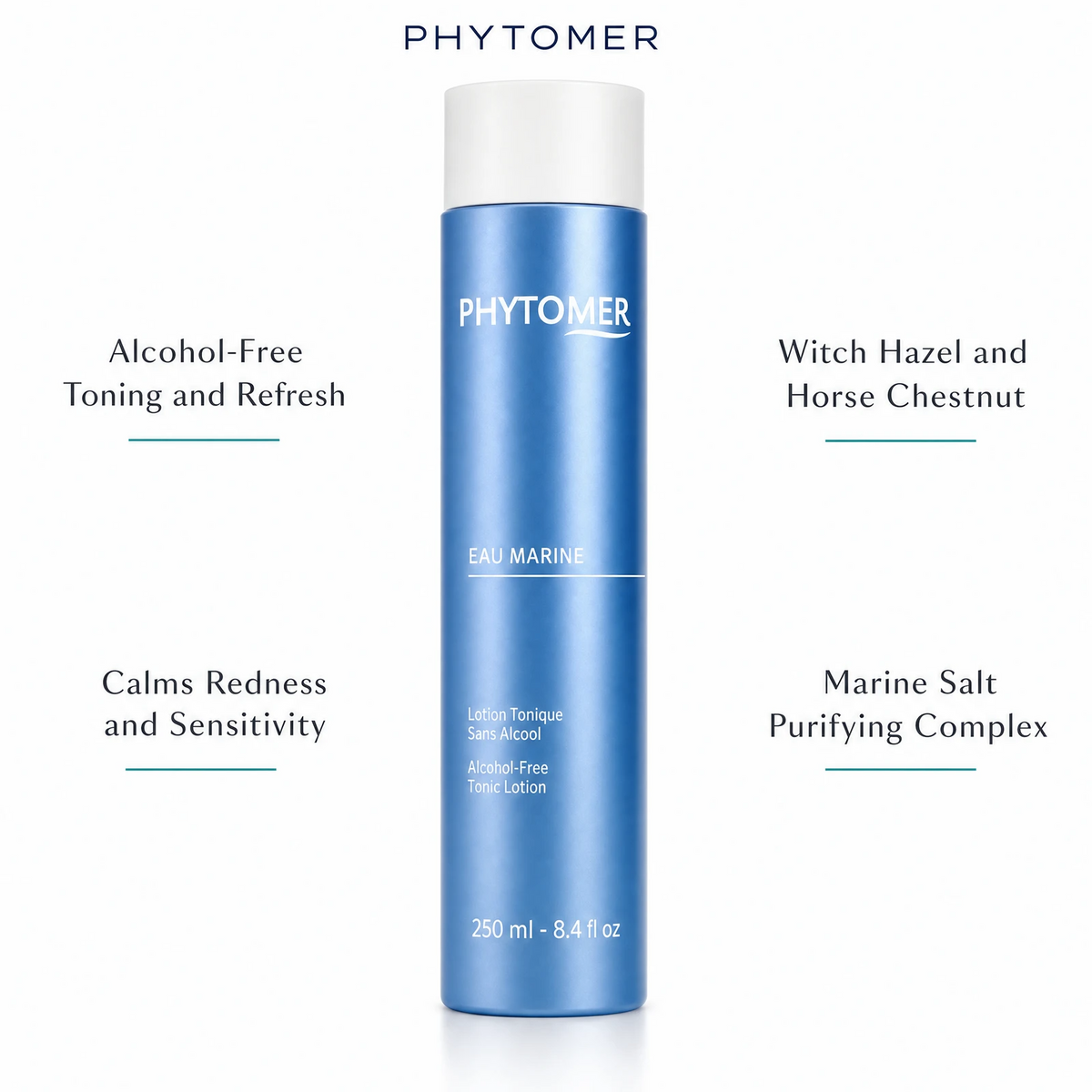 Phytomer Eau Marine Alcohol-Free Tonic Lotion 250ml with four benefit callouts: Alcohol-Free Toning and Refresh, Calms Redness and Sensitivity, Witch Hazel and Horse Chestnut, Marine Salt Purifying Complex