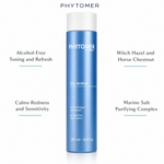Phytomer Eau Marine Alcohol-Free Tonic Lotion 250ml with four benefit callouts: Alcohol-Free Toning and Refresh, Calms Redness and Sensitivity, Witch Hazel and Horse Chestnut, Marine Salt Purifying Complex