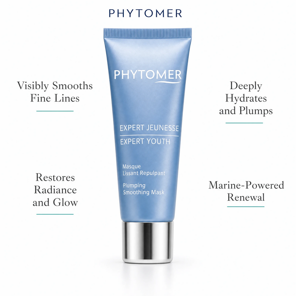Phytomer Expert Youth Plumping Smoothing Mask 50ml with four benefit callouts: Visibly Smooths Fine Lines, Restores Radiance and Glow, Deeply Hydrates and Plumps, Marine-Powered Renewal