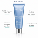 Phytomer Expert Youth Plumping Smoothing Mask 50ml with four benefit callouts: Visibly Smooths Fine Lines, Restores Radiance and Glow, Deeply Hydrates and Plumps, Marine-Powered Renewal