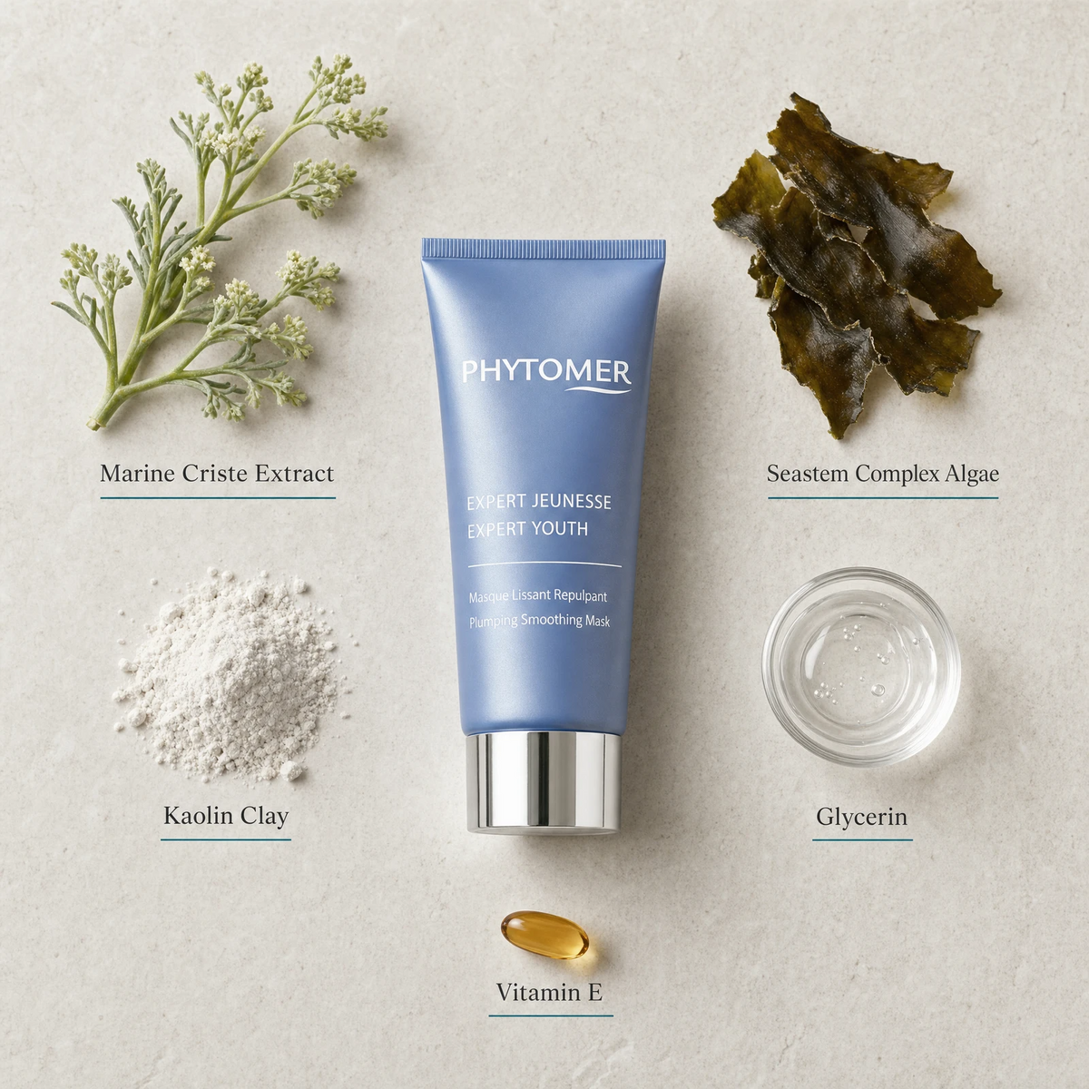 Phytomer Expert Youth Plumping Smoothing Mask 50ml flatlay on limestone surface with Marine Criste Extract, Seastem Complex Algae, Kaolin Clay, Glycerin, and Vitamin E