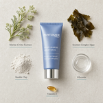 Phytomer Expert Youth Plumping Smoothing Mask 50ml flatlay on limestone surface with Marine Criste Extract, Seastem Complex Algae, Kaolin Clay, Glycerin, and Vitamin E