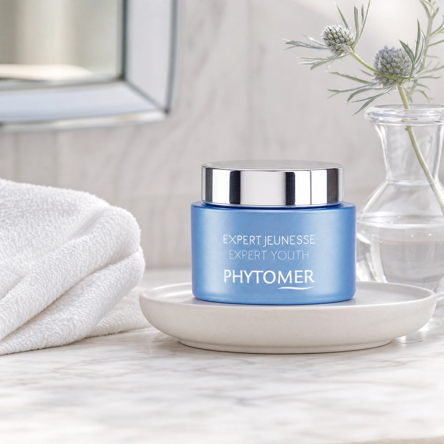 Phytomer Expert Youth Wrinkle Plumping Cream 50ml on a marble bathroom vanity with ceramic tray, glass vessel, botanical and white towels, premium at-home skincare setting
