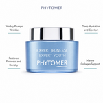 Phytomer Expert Youth Wrinkle Plumping Cream 50ml with four benefit callouts: Visibly Plumps Wrinkles, Restores Firmness and Density, Deep Hydration and Comfort, Marine Collagen Support