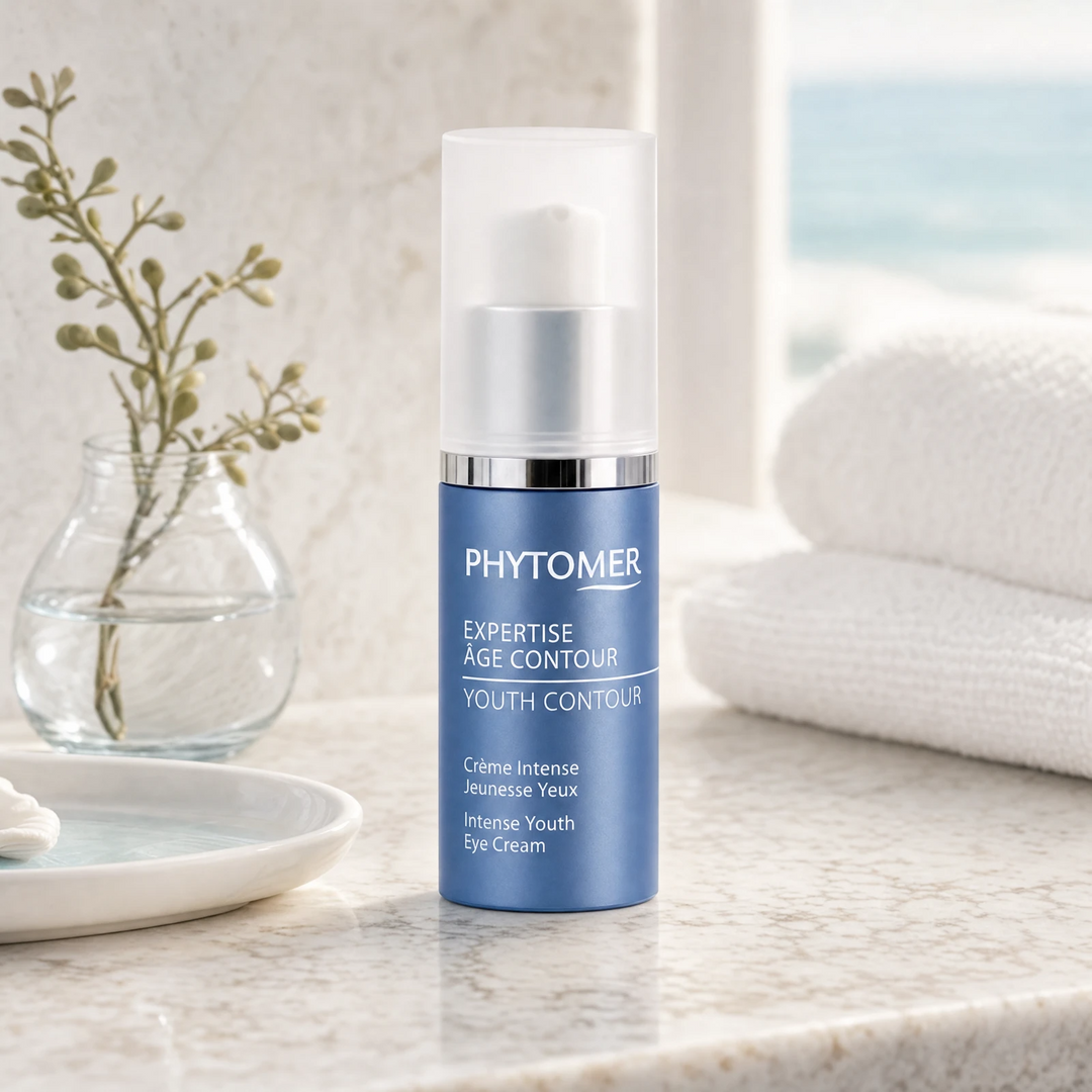 Phytomer Expertise Age Contour Intense Youth Eye Cream 15ml on a marble bathroom vanity with glass vessel with botanicals, white towels and ceramic dish, premium at-home skincare setting