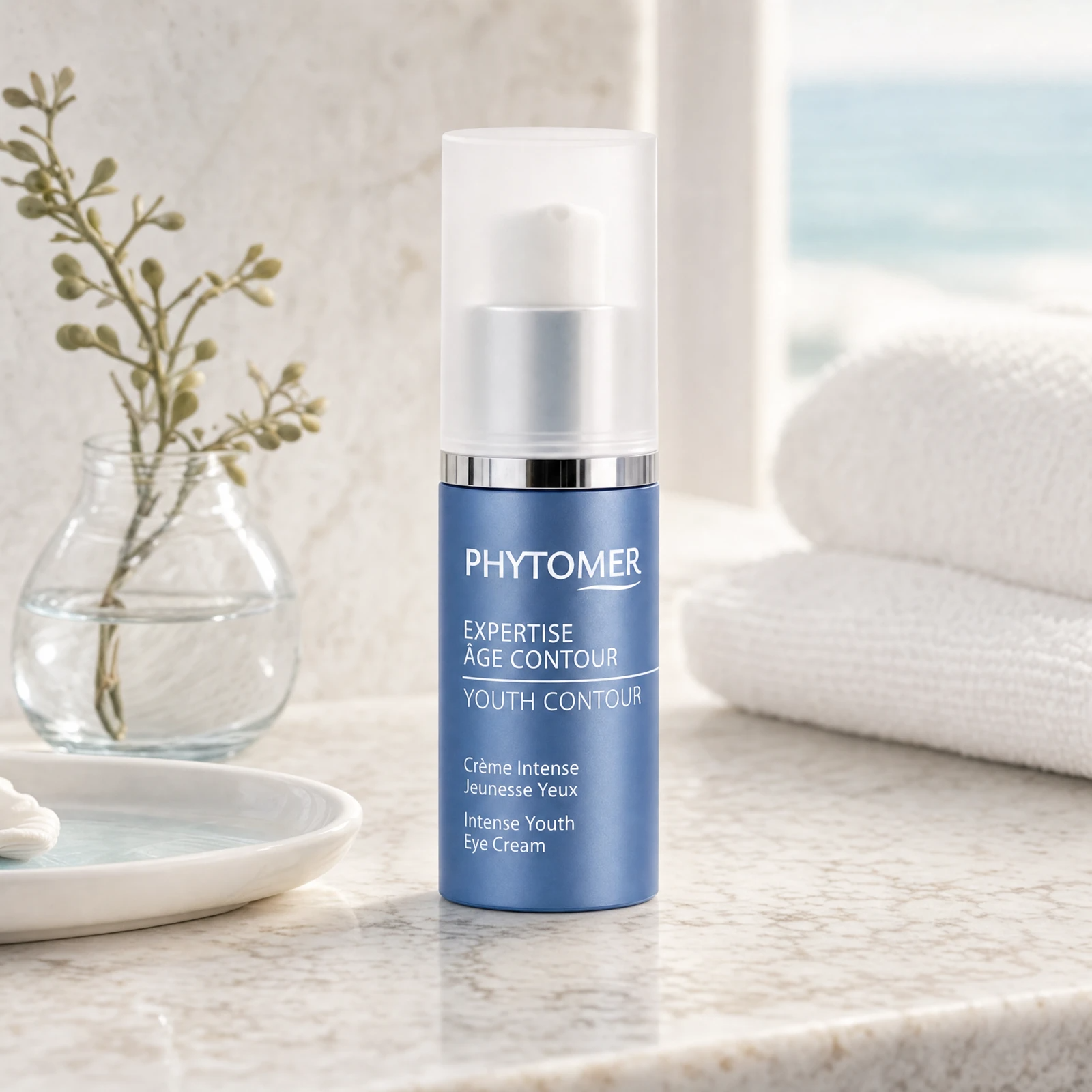 Phytomer Expertise Age Contour Intense Youth Eye Cream 15ml on a marble bathroom vanity with glass vessel with botanicals, white towels and ceramic dish, premium at-home skincare setting