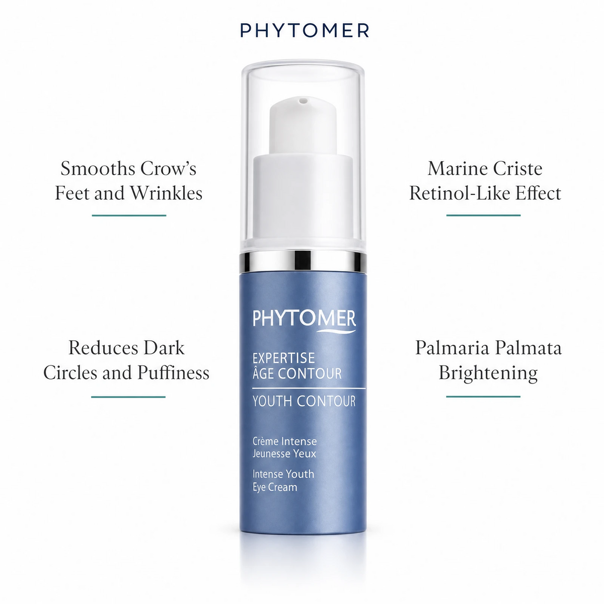 Phytomer Expertise Age Contour Intense Youth Eye Cream 15ml with four benefit callouts: Smooths Crow's Feet and Wrinkles, Reduces Dark Circles and Puffiness, Marine Criste Retinol-Like Effect, Palmaria Palmata Brightening