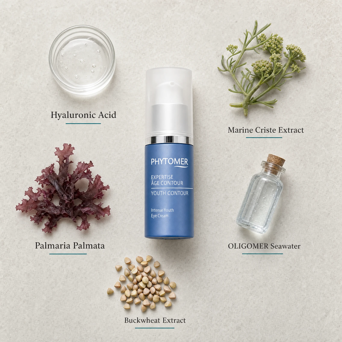 Phytomer Expertise Age Contour Intense Youth Eye Cream 15ml flatlay on limestone surface with Hyaluronic Acid, Marine Criste Extract, Palmaria Palmata, OLIGOMER Seawater, and Buckwheat Extract