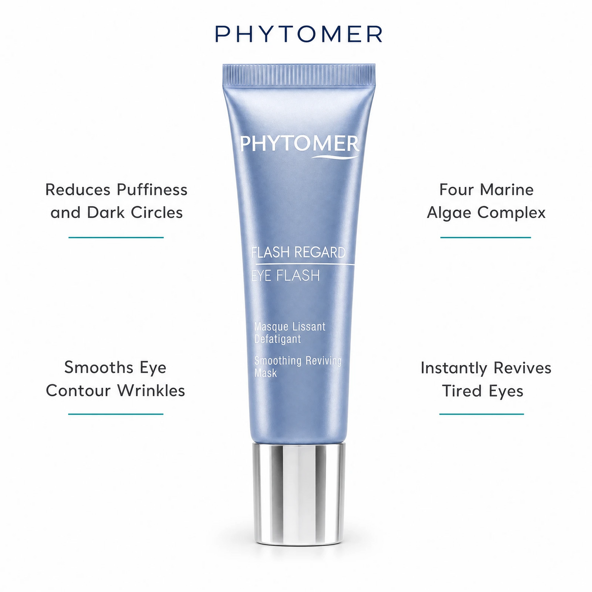 Phytomer Eye Flash Smoothing Reviving Mask 30ml with four benefit callouts: Reduces Puffiness and Dark Circles, Smooths Eye Contour Wrinkles, Four Marine Algae Complex, Instantly Revives Tired Eyes