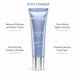 Phytomer Eye Flash Smoothing Reviving Mask 30ml with four benefit callouts: Reduces Puffiness and Dark Circles, Smooths Eye Contour Wrinkles, Four Marine Algae Complex, Instantly Revives Tired Eyes
