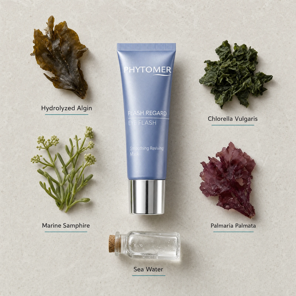 Phytomer Eye Flash Smoothing Reviving Mask 30ml flatlay on limestone surface with Hydrolyzed Algin, Chlorella Vulgaris, Marine Samphire, Palmaria Palmata, and Sea Water