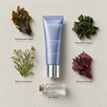 Phytomer Eye Flash Smoothing Reviving Mask 30ml flatlay on limestone surface with Hydrolyzed Algin, Chlorella Vulgaris, Marine Samphire, Palmaria Palmata, and Sea Water