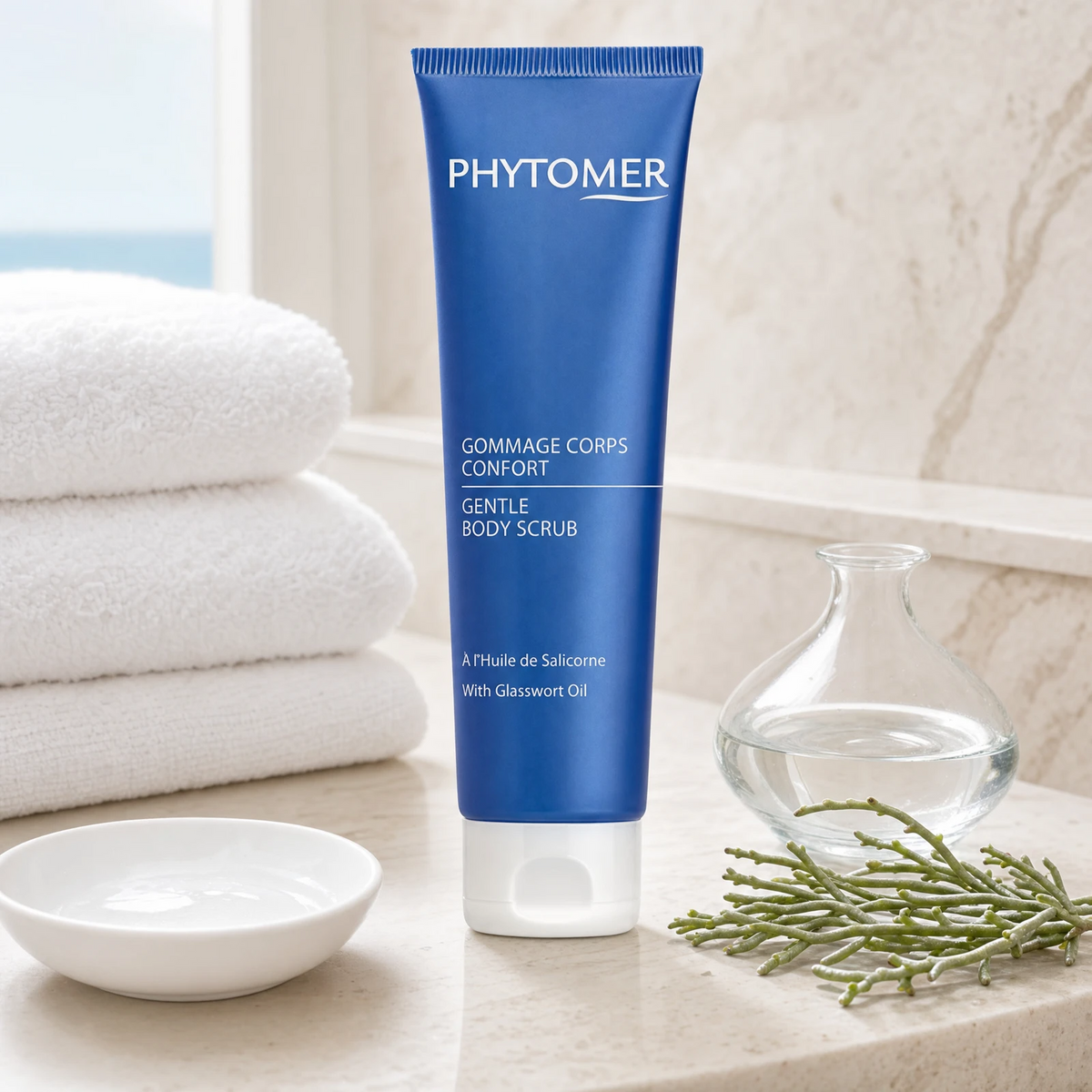 Phytomer Gentle Body Scrub with Glasswort Oil 150ml on a marble bath surround with fresh glasswort succulent, round glass vase with water, white ceramic dish and white spa towels, premium at-home body care setting