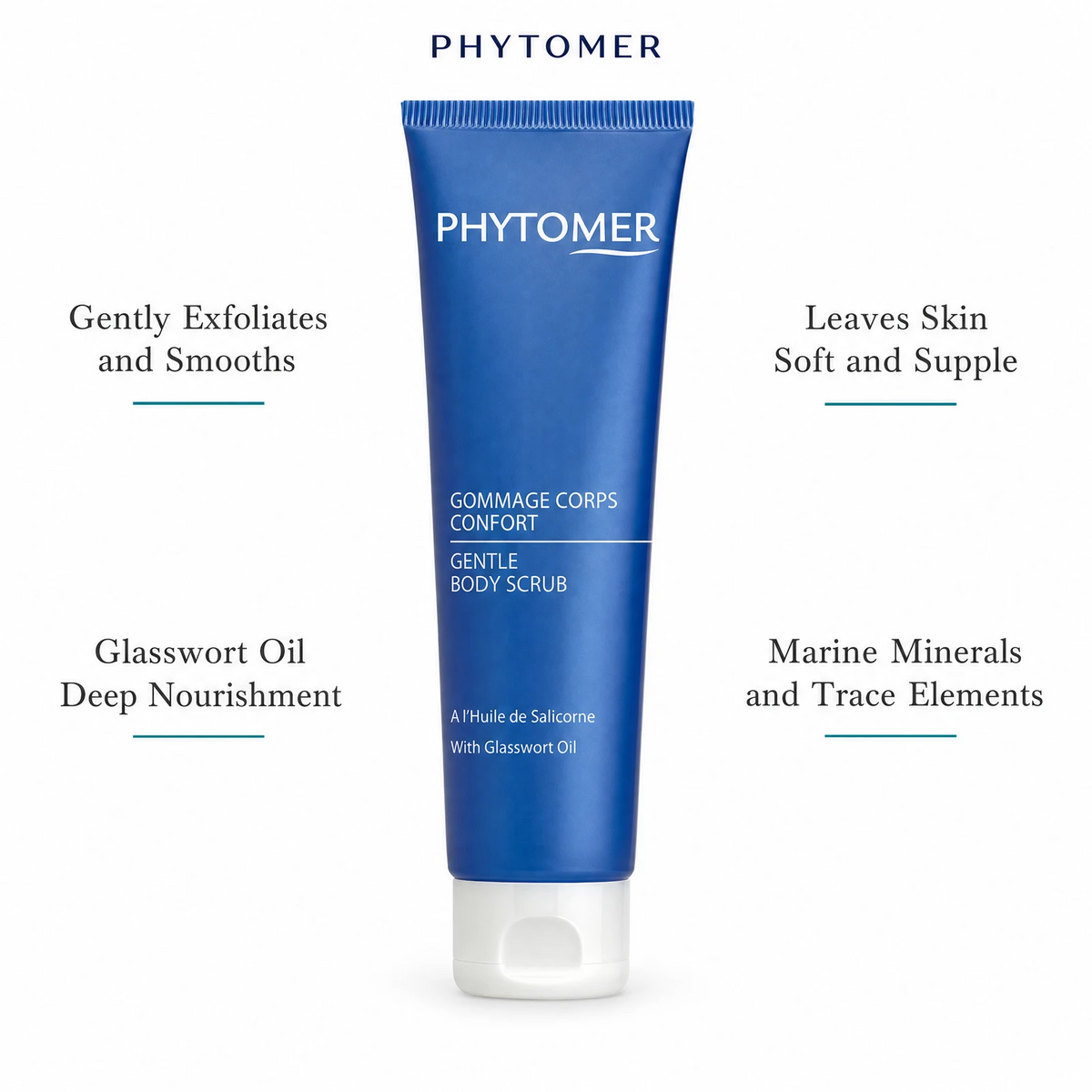 Phytomer Gentle Body Scrub with Glasswort Oil 150ml with four benefit callouts: Gently Exfoliates and Smooths, Glasswort Oil Deep Nourishment, Leaves Skin Soft and Supple, Marine Minerals and Trace Elements