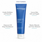 Phytomer Gentle Body Scrub with Glasswort Oil 150ml with four benefit callouts: Gently Exfoliates and Smooths, Glasswort Oil Deep Nourishment, Leaves Skin Soft and Supple, Marine Minerals and Trace Elements