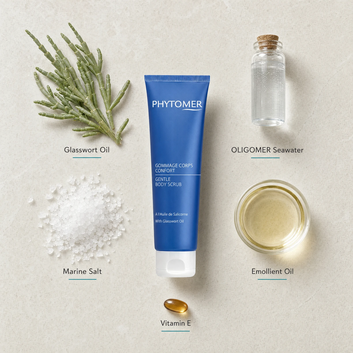 Phytomer Gentle Body Scrub with Glasswort Oil 150ml flatlay on limestone surface with Glasswort Oil, OLIGOMER Seawater, Marine Salt, Emollient Oil, and Vitamin E