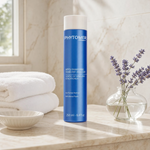 Phytomer Gentle Detangling Conditioner with Marine Plants 250ml on a marble bathroom counter with lavender in glass vessel, white towels and ceramic dish, premium at-home haircare setting