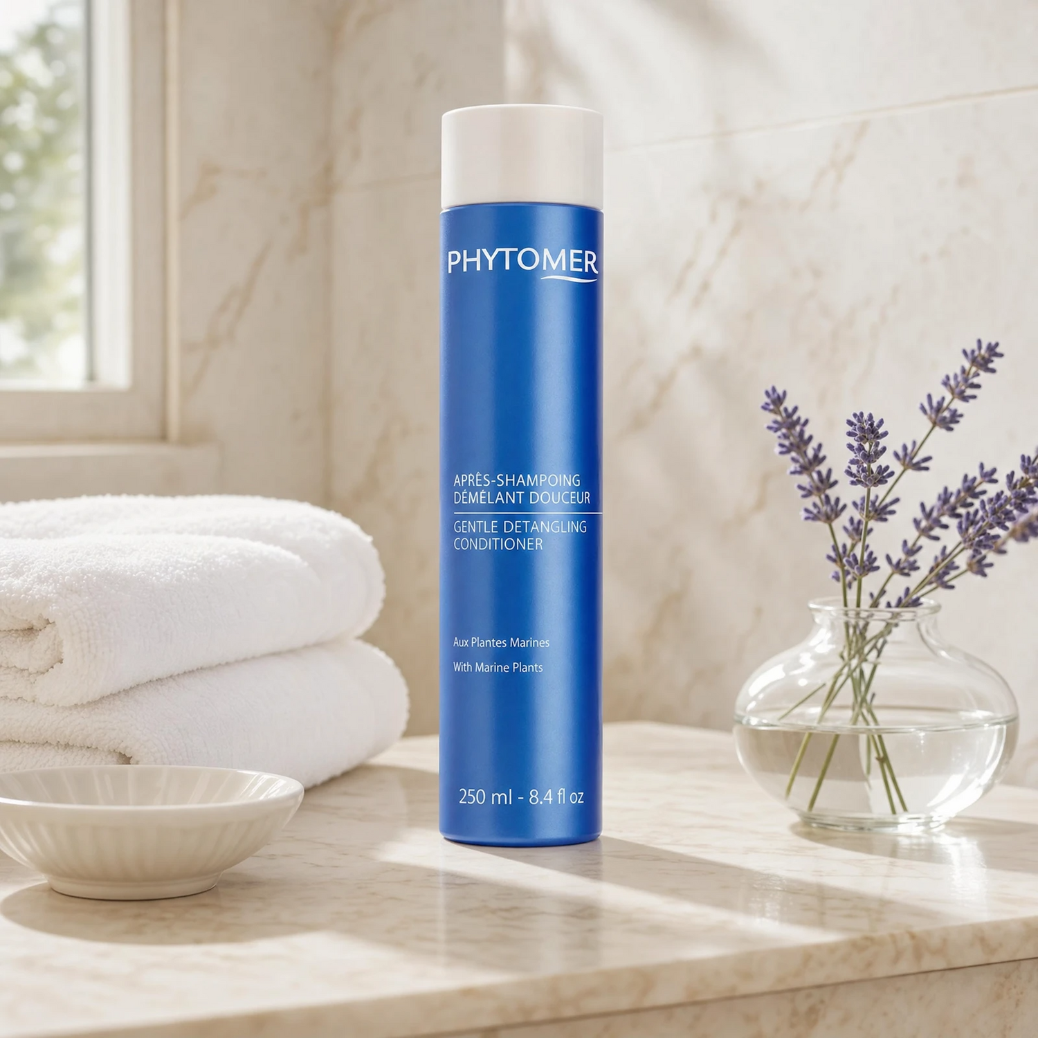Phytomer Gentle Detangling Conditioner with Marine Plants 250ml on a marble bathroom counter with lavender in glass vessel, white towels and ceramic dish, premium at-home haircare setting