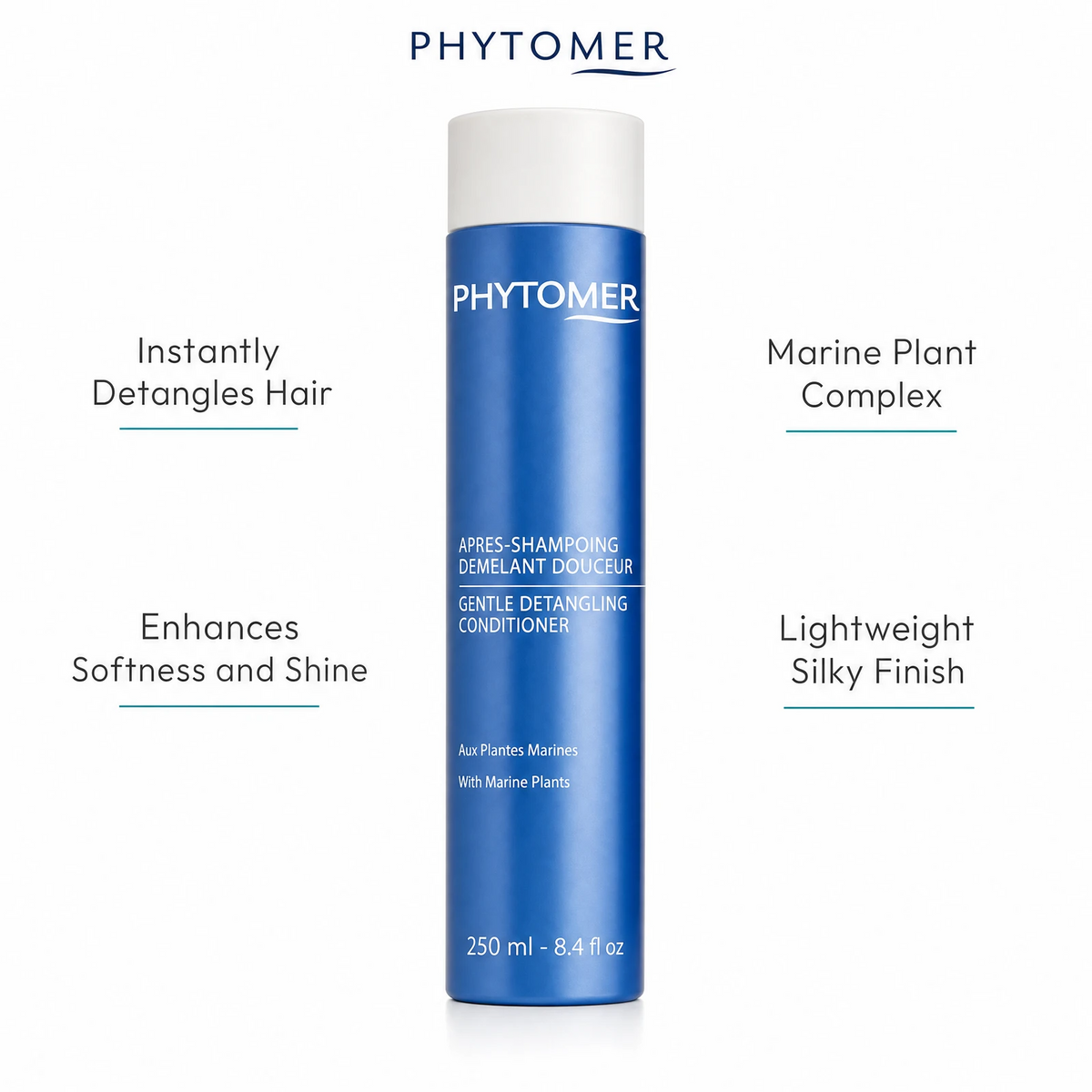Phytomer Gentle Detangling Conditioner with Marine Plants 250ml with four benefit callouts: Instantly Detangles Hair, Enhances Softness and Shine, Marine Plant Complex, Lightweight Silky Finish