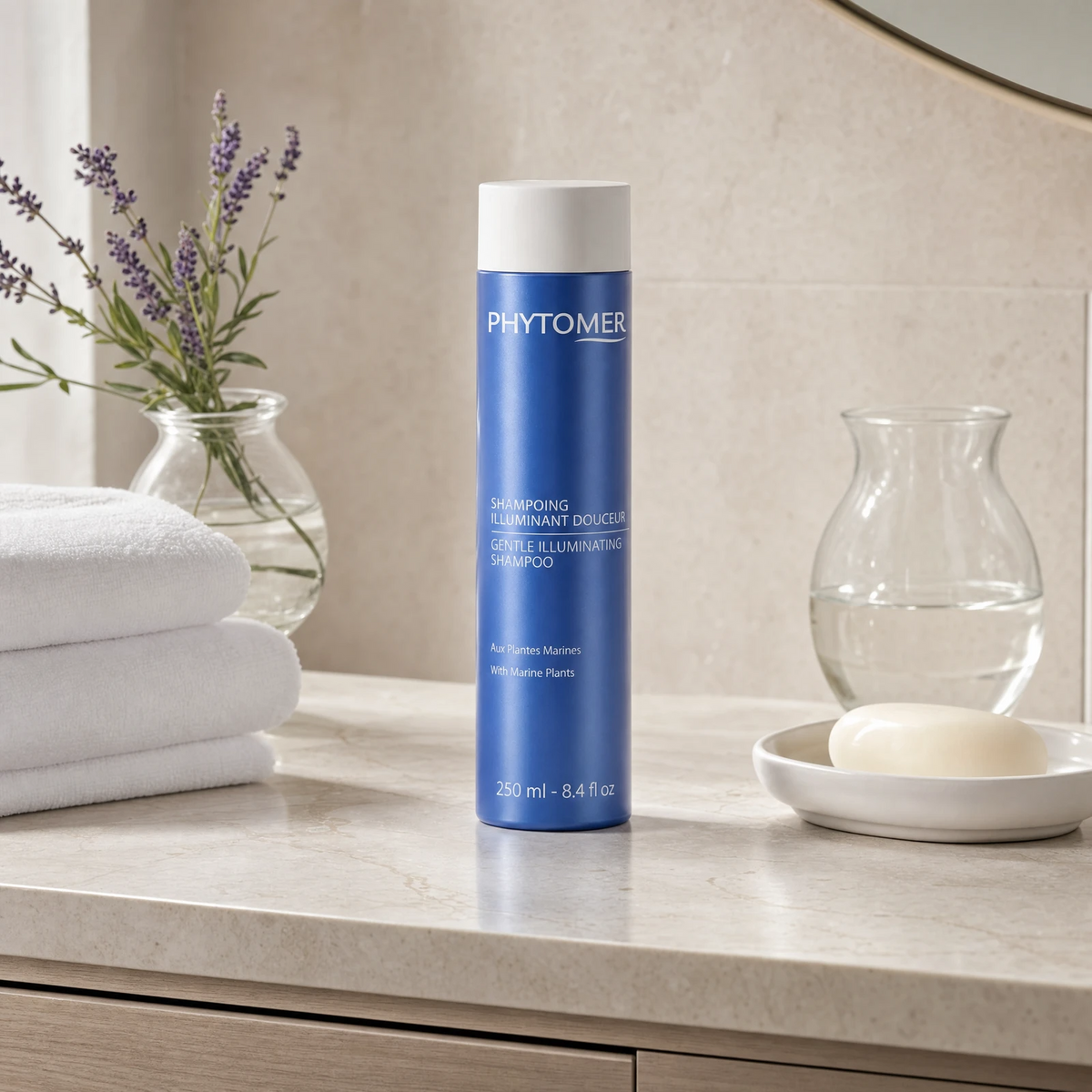 Phytomer Gentle Illuminating Shampoo with Marine Plants 250ml on a marble bathroom vanity with lavender, glass vessel, white towels and ceramic dish, premium at-home haircare setting